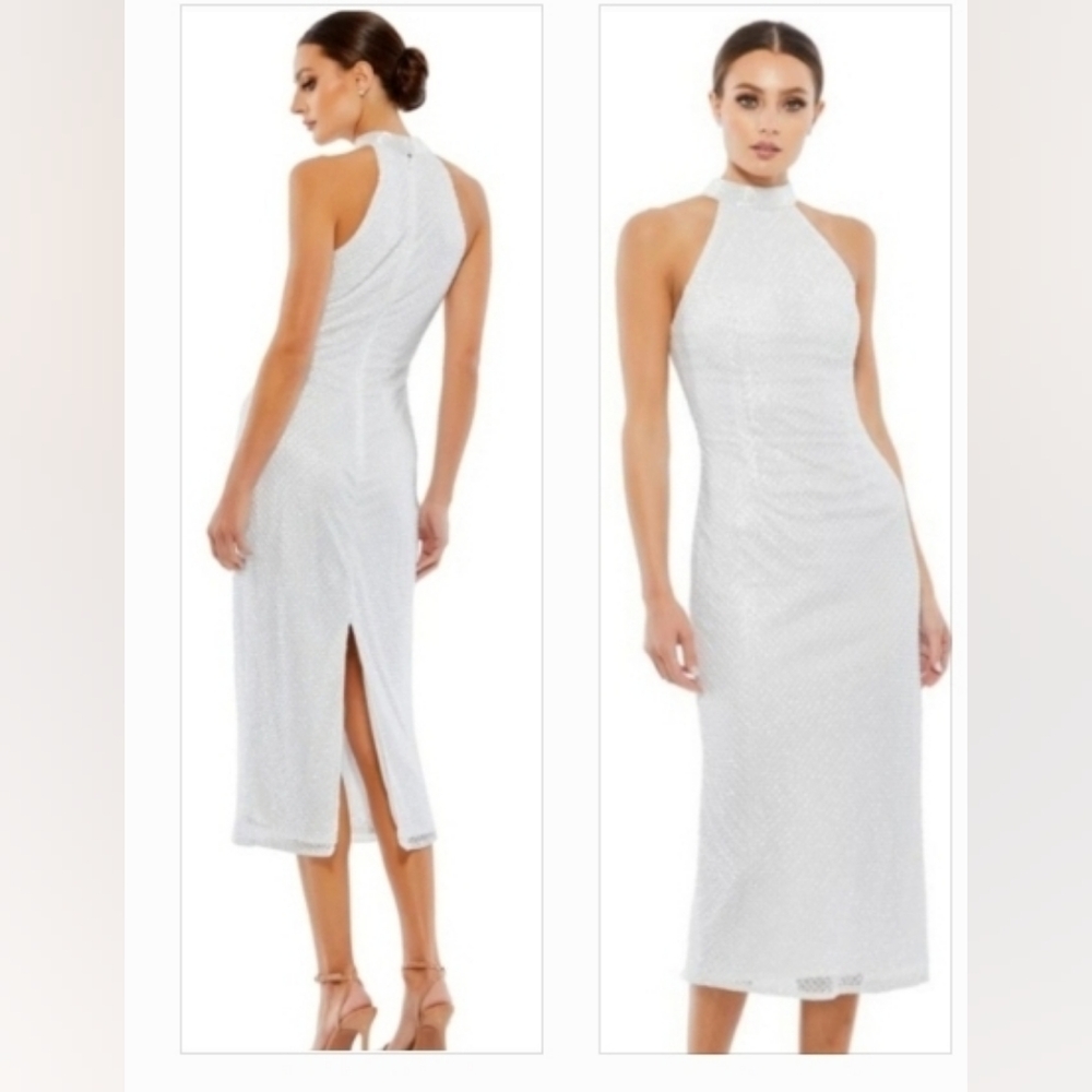 NWT Mac Duggal White high-neck halter midi dress  diamond-patterned beading SZ 2